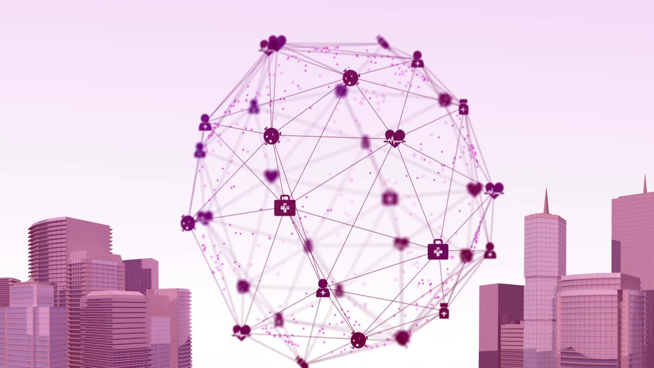 Globe of digital icons against digital building models