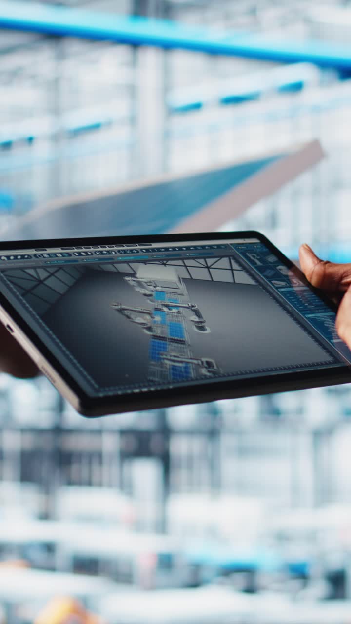 Vertical video Photovoltaic smart factory specialist uses CAD software on tablet, close up