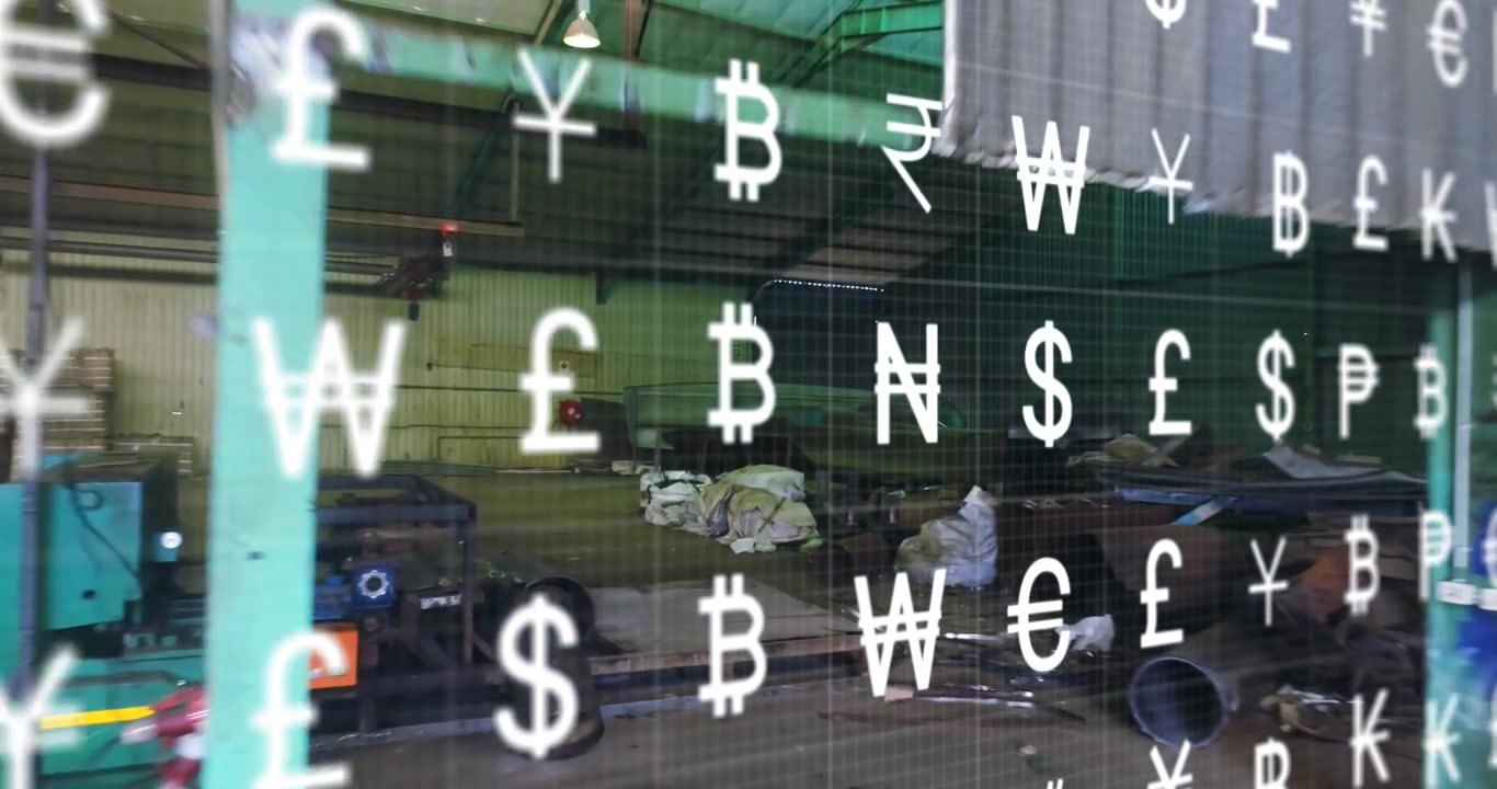 Animation of interface with multiple currency symbols against industrial scrap metal in warehouse