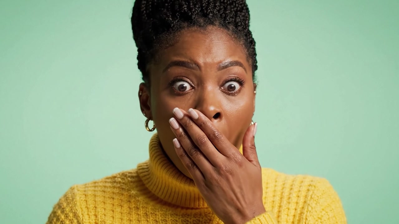 Captivating Transformation: A Woman's Transition from Serenity to Shock in a Vibrant Yellow Sweater Against a Soft Green Background