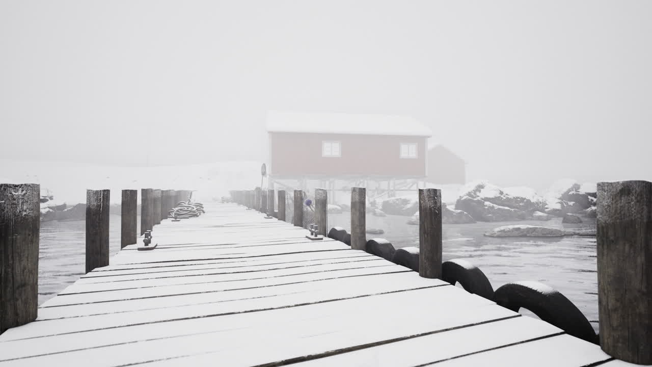 Snowy dock leads to red cabin in foggy winter landscape