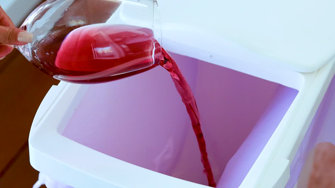 A hand pours red wine from a glass into a white trash bin under bright indoor lighting, with smooth camera movement and a clean, modern setting