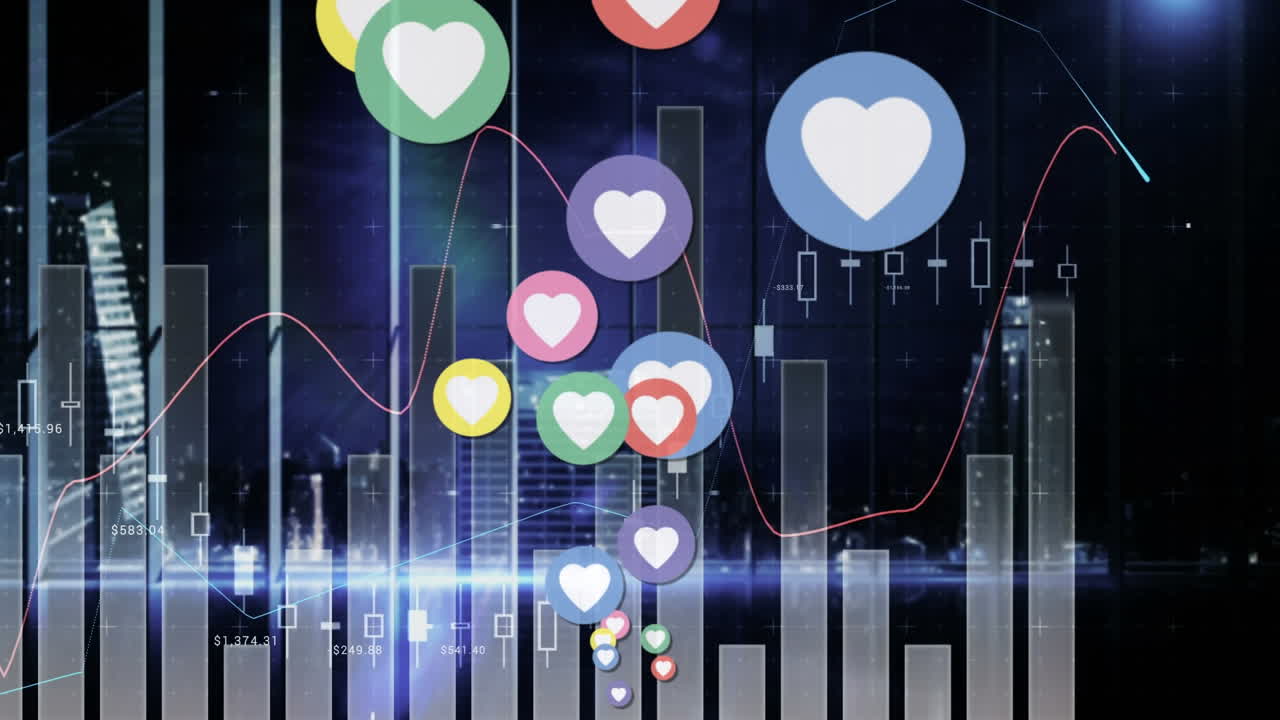 animación de datos estadísticos e iconos de corazón sobre la oficina de negocios