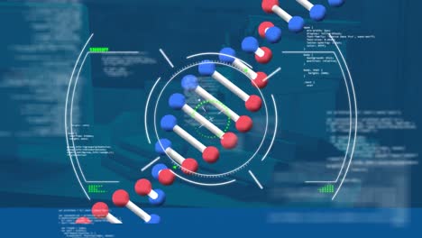 DNA-Struktur-Dreht-Sich-über-Scope-Scanning-Und-Datenverarbeitung-Auf-Dem-Schreibtisch