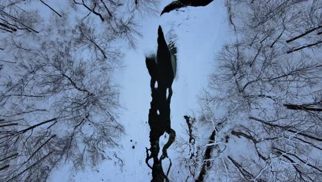 aerial drone footage of a partially frozen creek during winter in western new york state after fresh snowfall