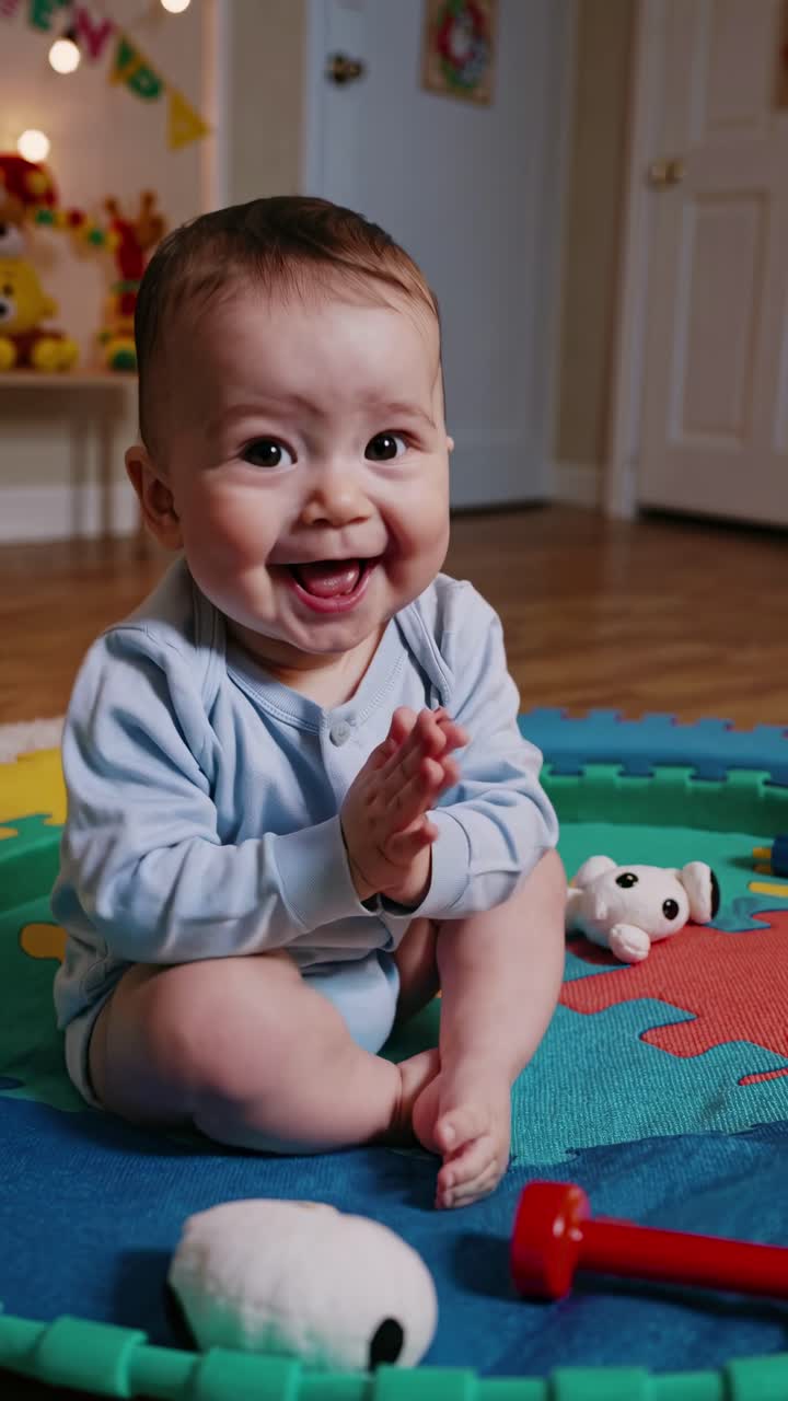 Bebé feliz aplaudiendo y sonriendo en una alfombra de juegos colorida