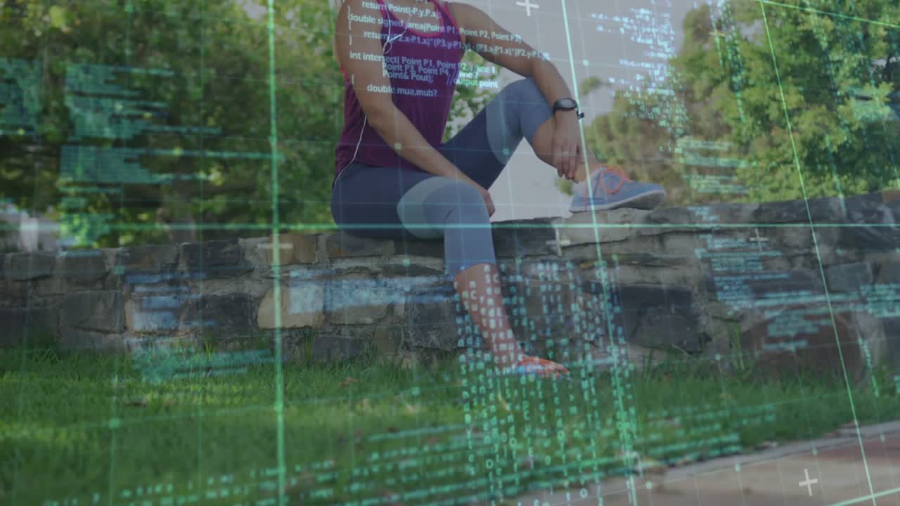 Woman pausing run on stone wall, checking fitness tracker while digital-code graphics overlaying