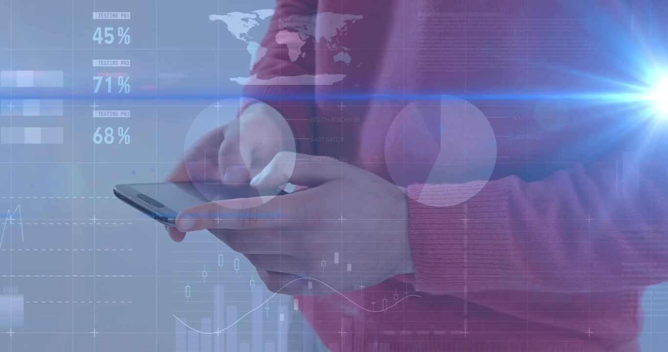 Persona che usa lo smartphone con sovrapposizione di dati finanziari digitali