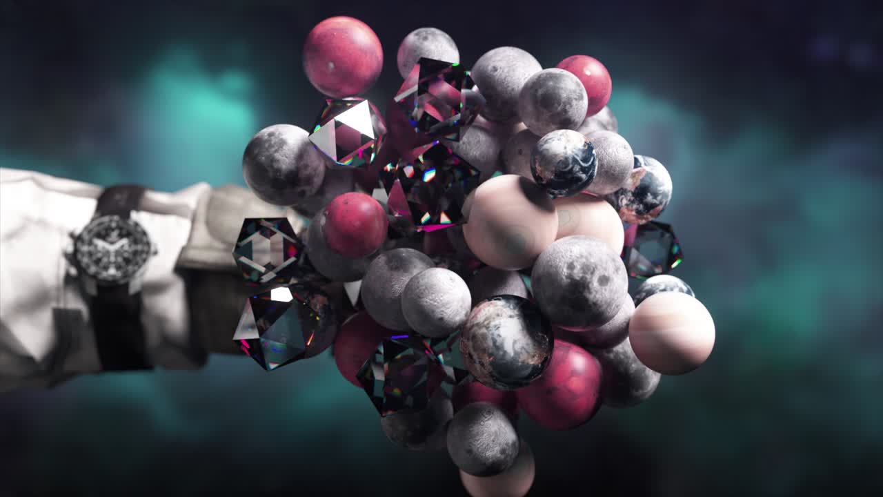 행성과 결정의 추상적인 우주 군집