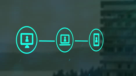 animation of network of digital icons against aerial view of tall buildings