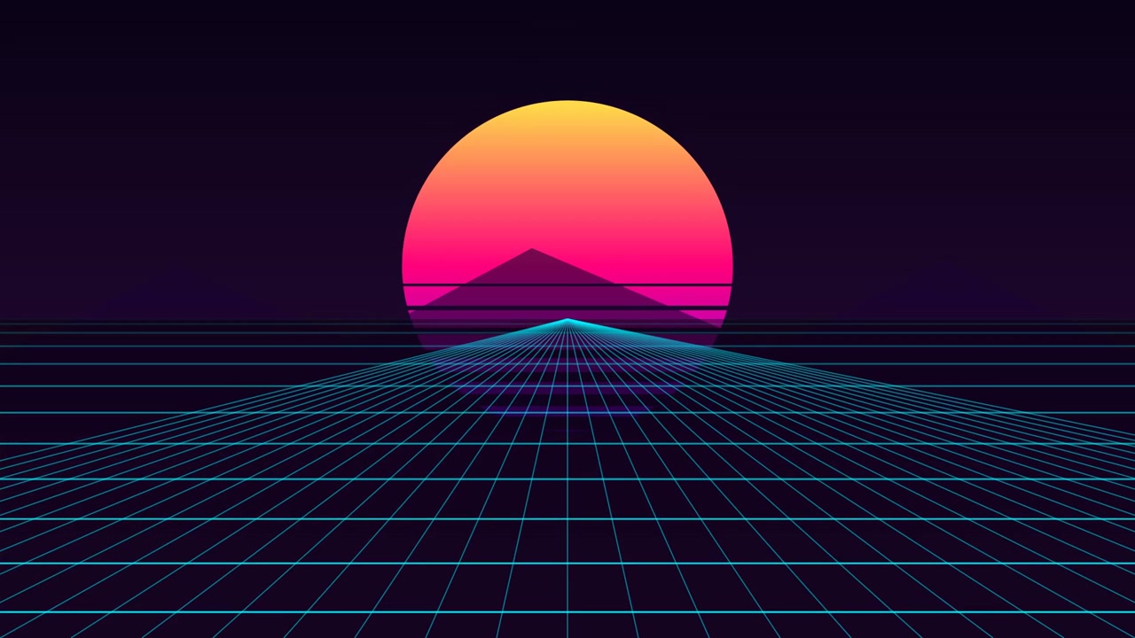Paesaggio digitale in stile retro synthwave con sole luminoso