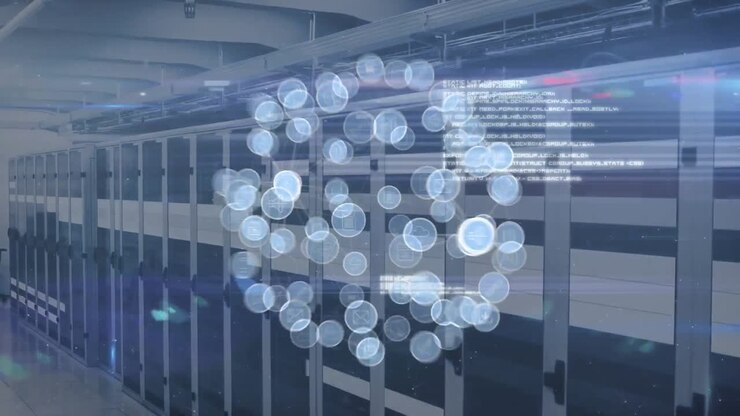 Animation of multiple icons connecting with lines and forming globe over server room