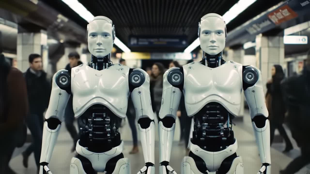 Futuristic Encounter: Two Humanoid Robots Steadily Observe Human Activity in a Bustling Subway Station, Blurring the Lines Between Technology and Humanity