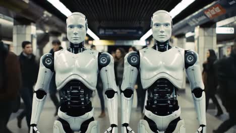 futuristic encounter: two humanoid robots steadily observe human activity in a bustling subway station, blurring the lines between technology and humanity