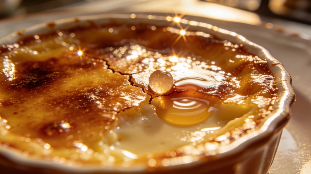 Goccia che rimbalza dalla crema catalana in una ciotola di ceramica sul bancone, formando una perla.