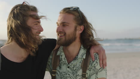 portrai of handsome twin brothers on beach laughing playful cheerful vacation