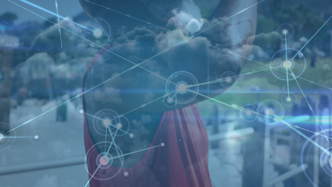 animación de una red de conexiones sobre un hombre mayor afroamericano en forma bebiendo agua al aire libre