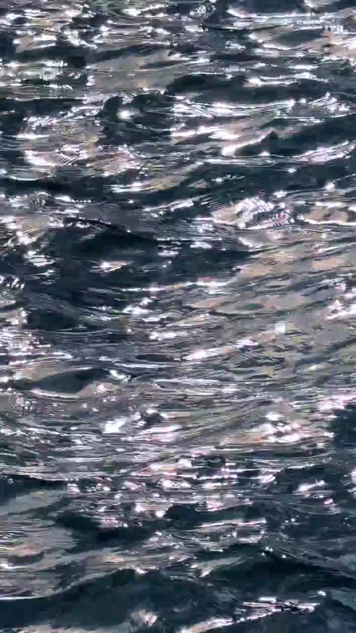 Riflessi della luce solare sulla superficie increspata dell'acqua scura. Vista ravvicinata verticale di onde in movimento con riflessi argentati, motivi irregolari e nessuna costa visibile.