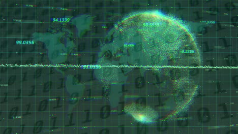 múltiples números cambiantes flotando sobre el globo giratorio y el mapa del mundo contra la codificación binaria