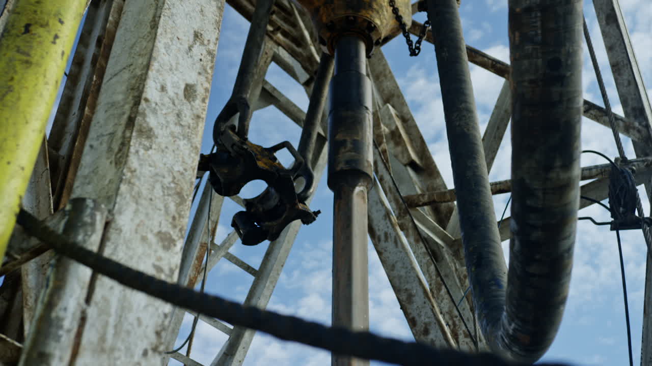 Metal bar rotating in the drilling equipment. Tower for oil and gas production. Low angle view.