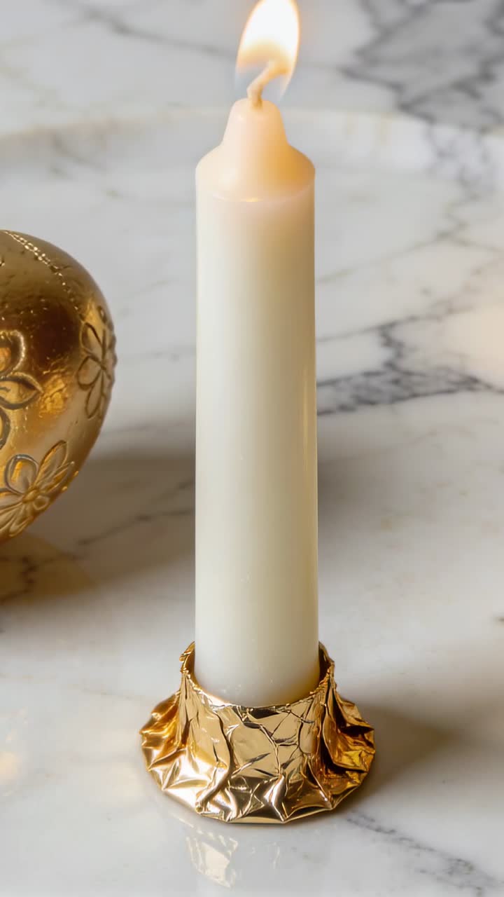 Candela a stelo bianca che tremola su un piano di marmo, riflettendo un portacandele d'oro increspato e ornamenti.