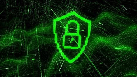 animation of digital shield with padlock over black background with green lines