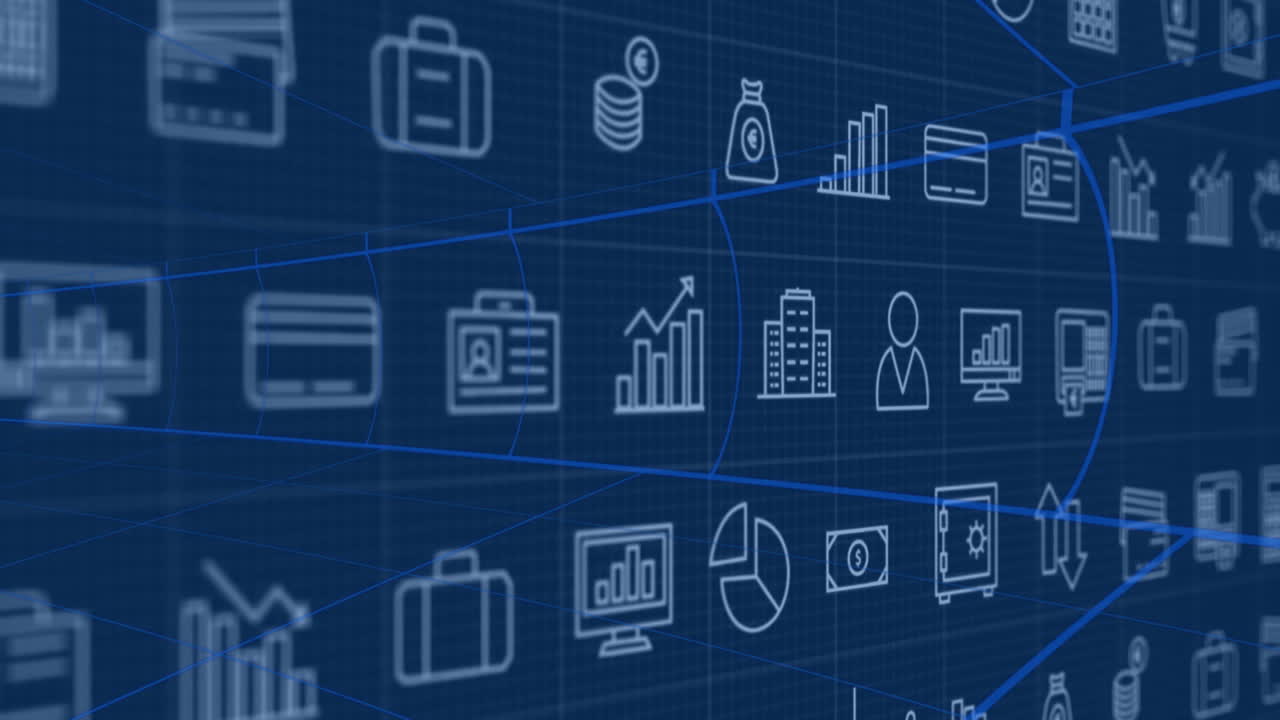 Animation of digital icons on blue grid for business and technology concepts