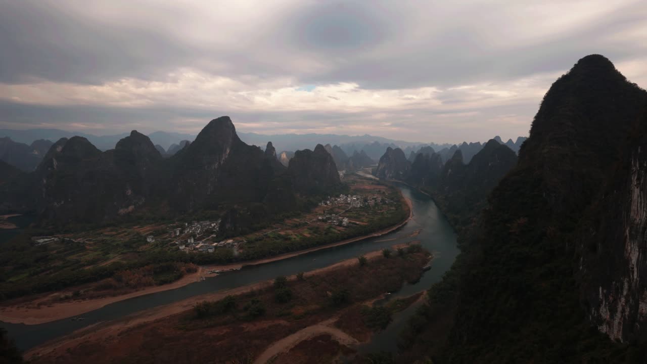 Scenic Aerial View of Karst Mountains and Li River in China