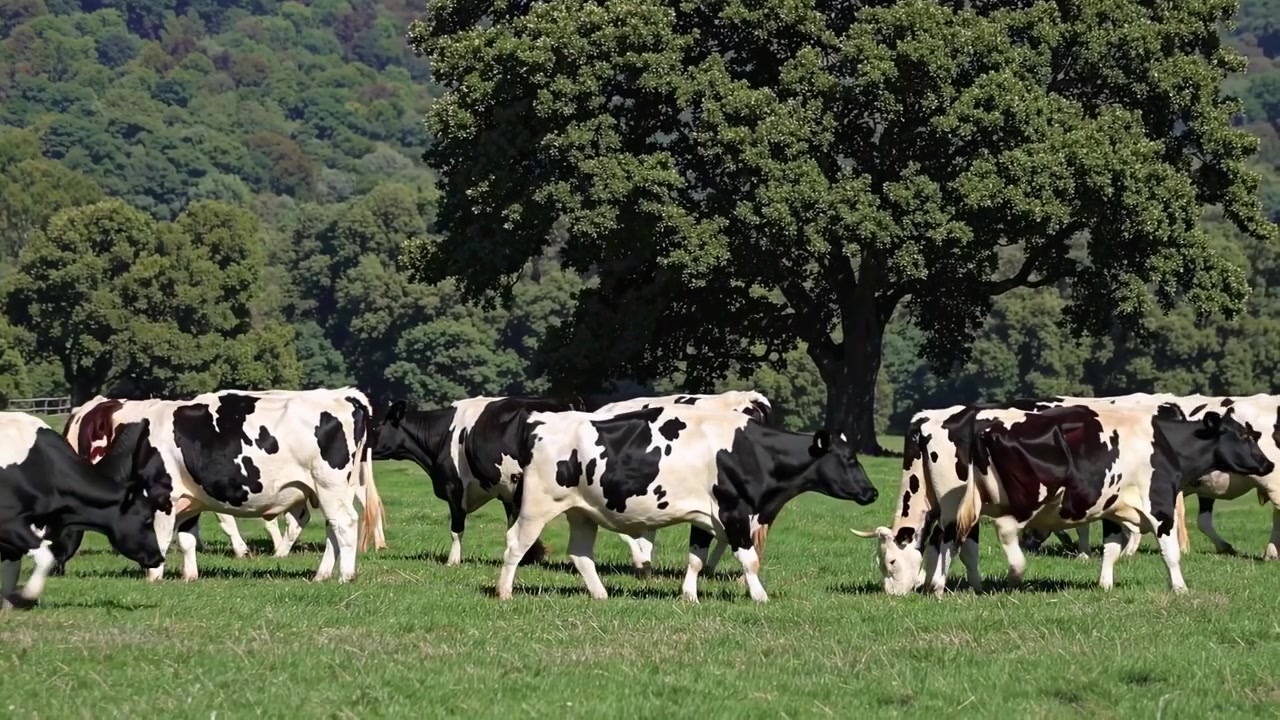 Herd of Holstein Friesian Cows Grazing in a Sunny Green Pasture