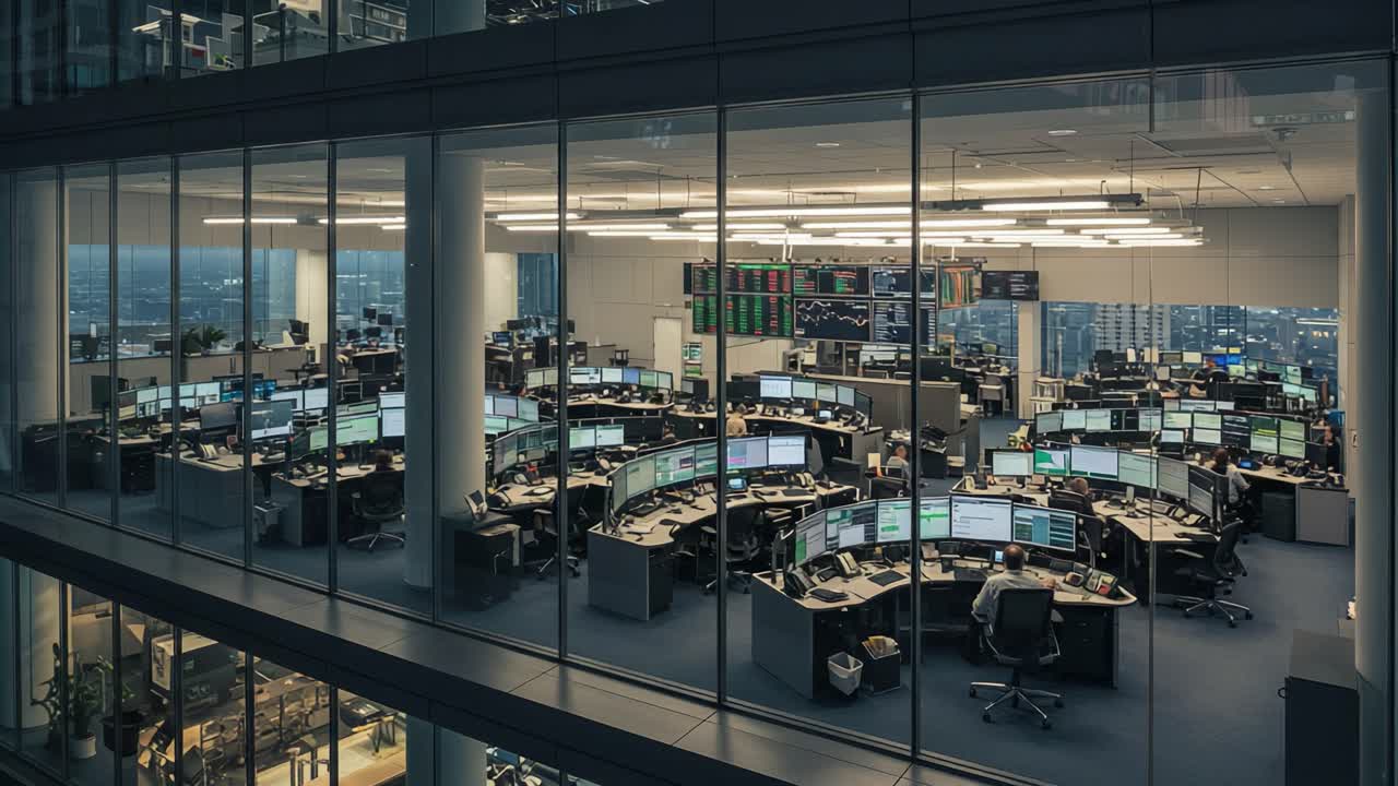 A Night View of a High-Tech Trading Floor with Multiple Workstations and Monitors Illuminated in an Office Setting