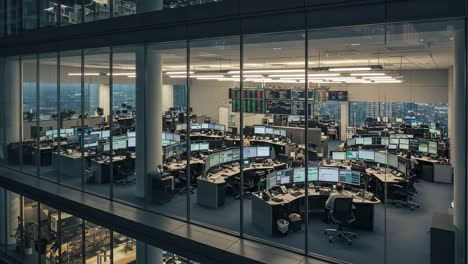 a night view of a high-tech trading floor with multiple workstations and monitors illuminated in an office setting