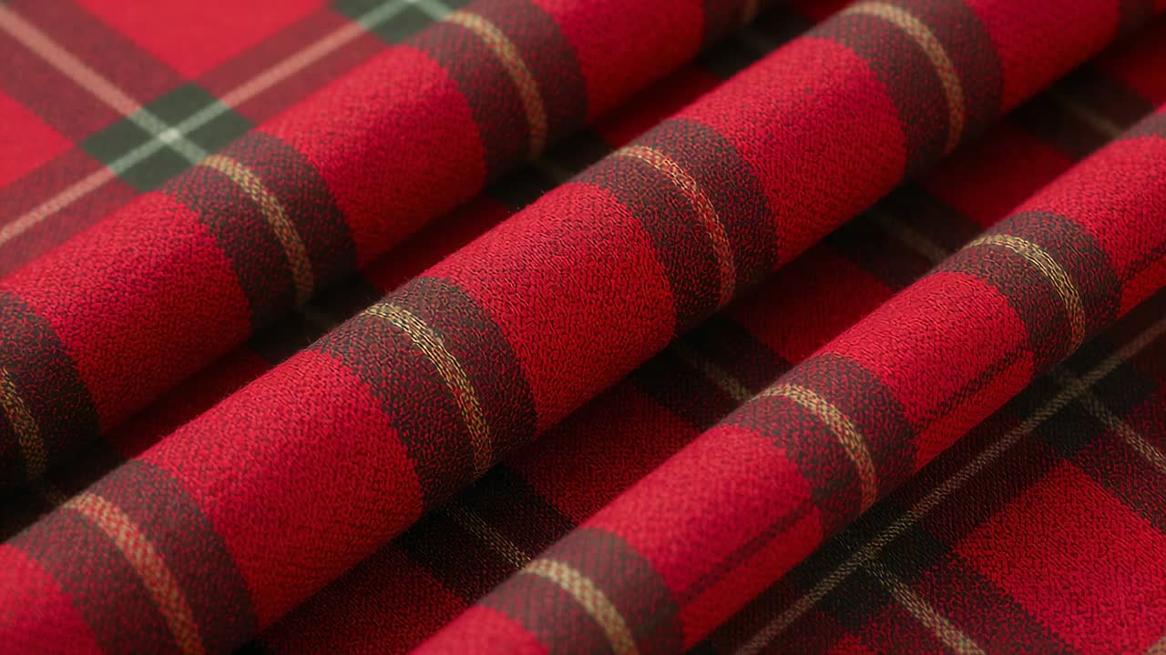 Shifting focus, camera revealing 3 rolled red tartan folds in studio showing dark brown gold bands