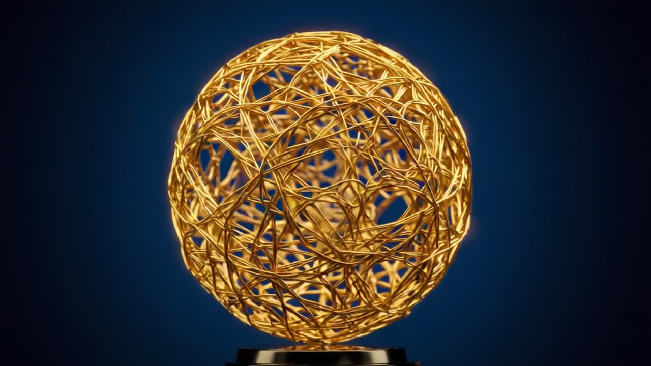 A Glimmering Golden Sphere Illuminated Against a Deep Blue Background, Showcasing Intricate Patterns and Uniquely Twisted Wire Structures in Contemporary Design