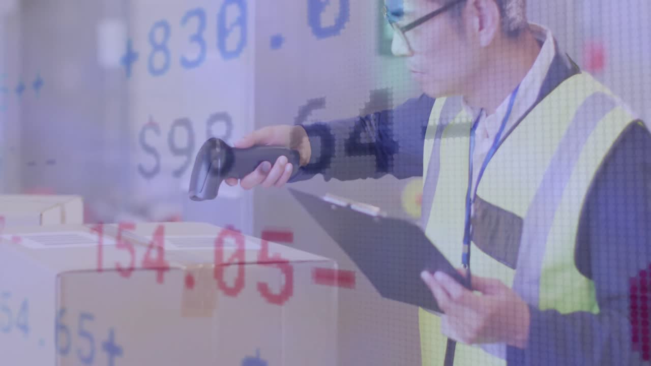 창고에서 일하는 두 인종의 남성에 대한 통계 및 데이터 처리의 애니메이션