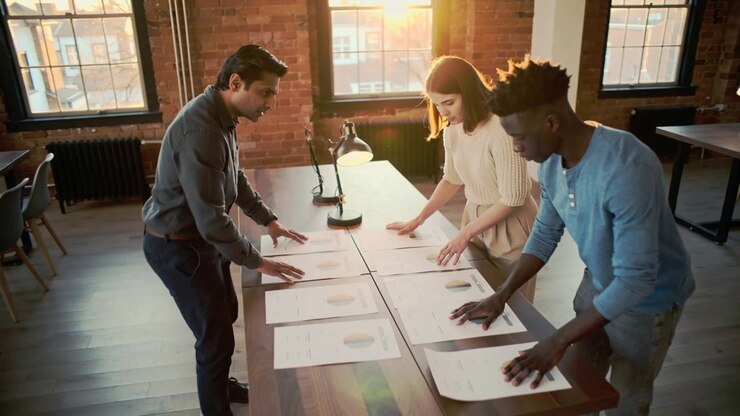 Organizing three colleagues in business-casual being prompted by charts at loft, aligning pages