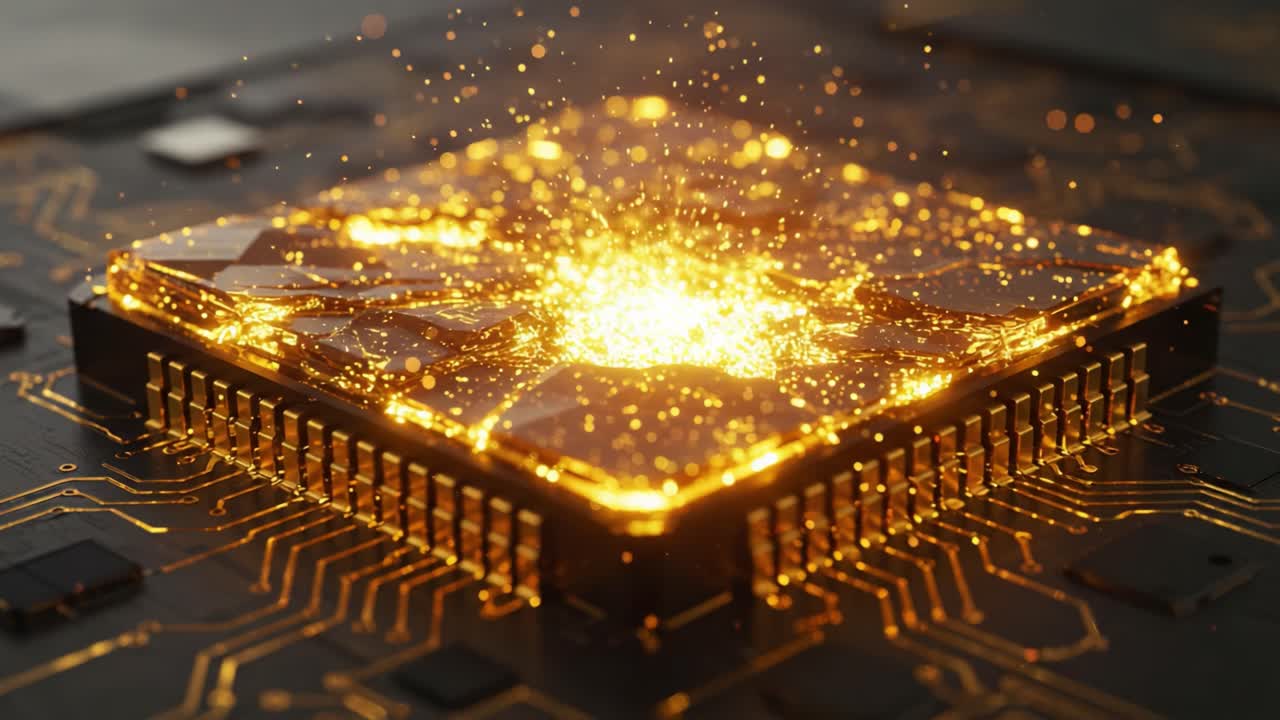 A Stunning Visual Transformation of a Futuristic Processor Chip, Showcasing Dynamic Particle Effects and a Beautiful Golden Glow, Captured in the Beginning and End of an Animation Sequence