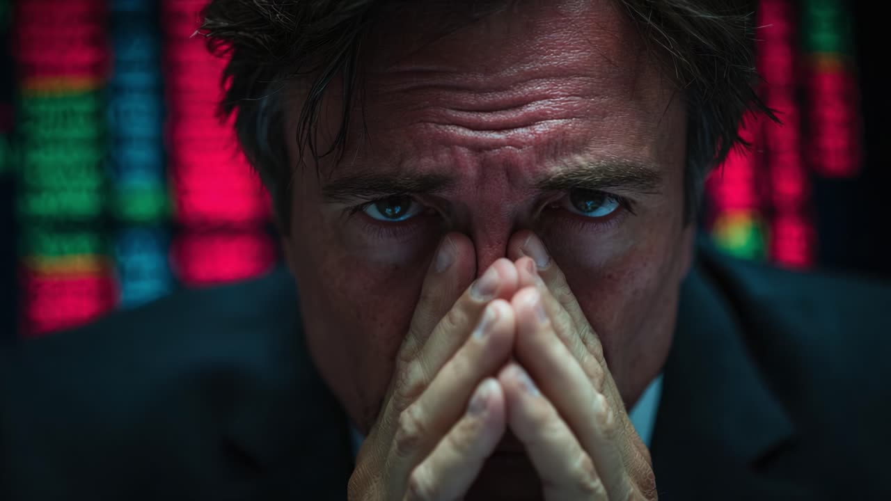 Intense Financial Anxiety: A Close-Up of a Man Overwhelmed by Market Pressures and Uncertain Outcomes, Captivating Expressions of Concern and Focus Amidst Stock Data