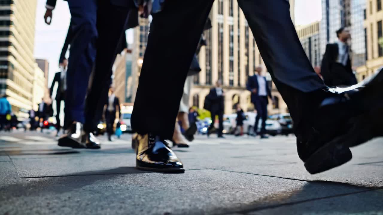 Low-angle video shot of busy city street, capturing motion blur of pedestrians' feet