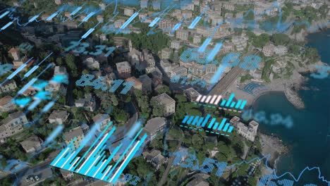 animation of financial data processing over cityscape