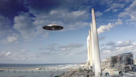 ufo over power plant by the coast