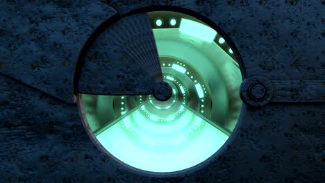 iron rusty hatch opens panoramic view to the spaceship landscape scene. 3d abstract background of sci-fi corridor. futuristic technology vj for tech titles and background.