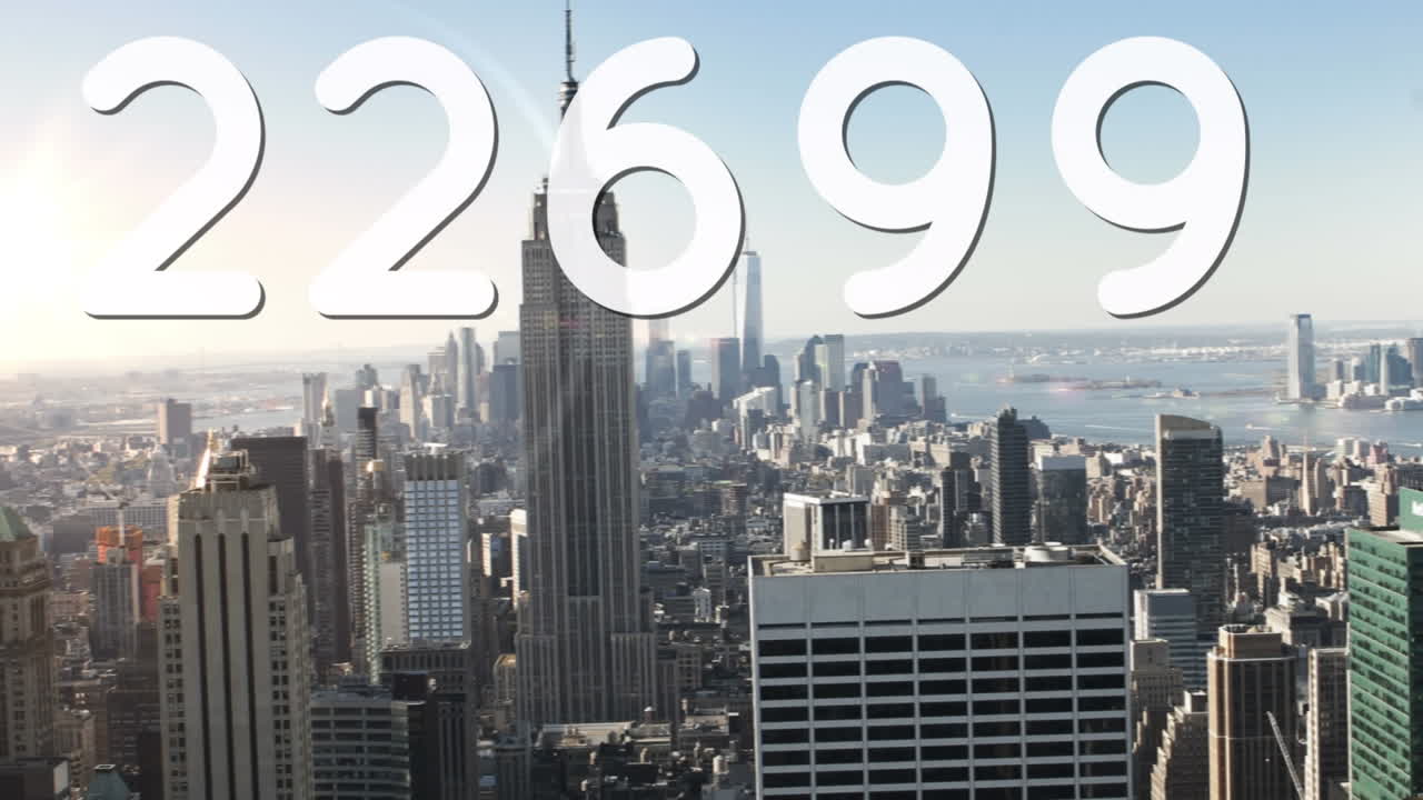 composición digital de números crecientes frente a una vista aérea del paisaje urbano