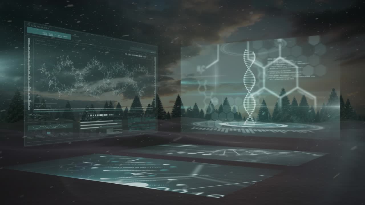 Animation of scope scanning and data processing over man running by seaside