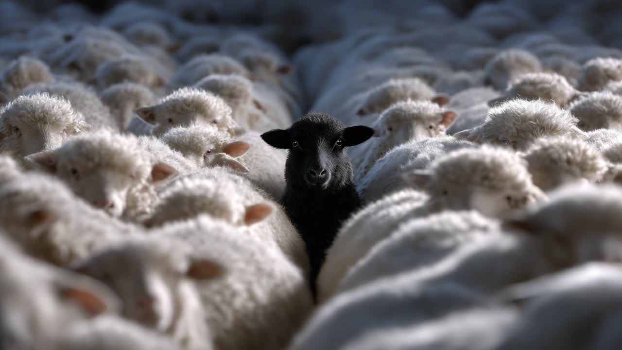 In a Sea of White: A Singular Black Sheep Stands Out Amongst the Crowd, Symbolizing Uniqueness and Individuality in Nature's Pasture