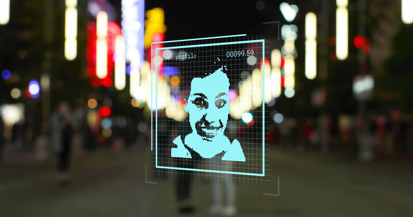 Animation of digital profile portraits processing over city street at night