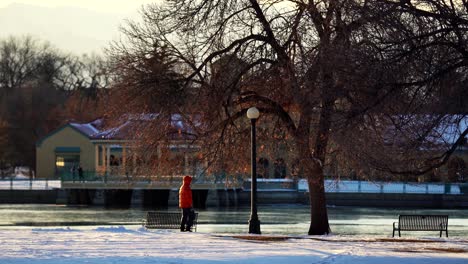 Hombre-Caminando-En-El-Parque-Contra-Un-Fondo-Del-Horizonte-De-Denver