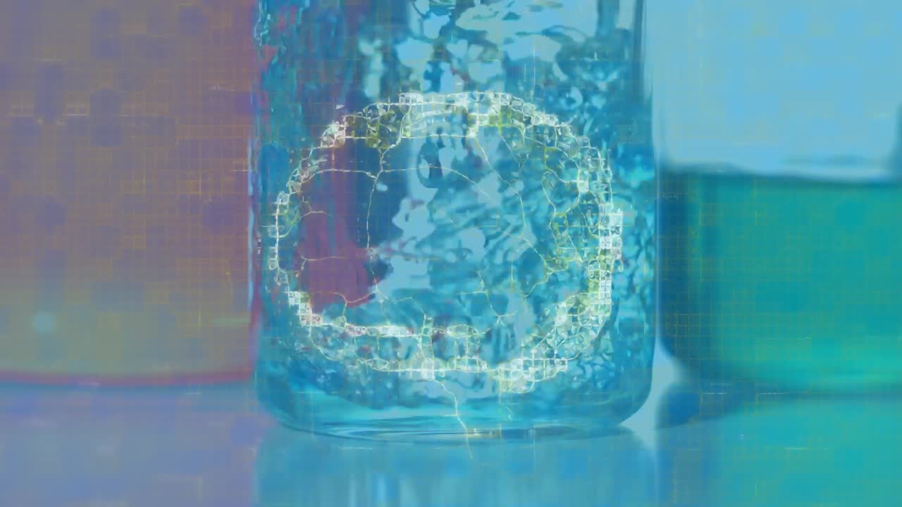 animación del cerebro sobre el líquido que se vierte en vasos medidores sobre fondo azul