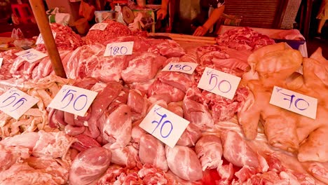 various cuts of meat displayed at a market stall