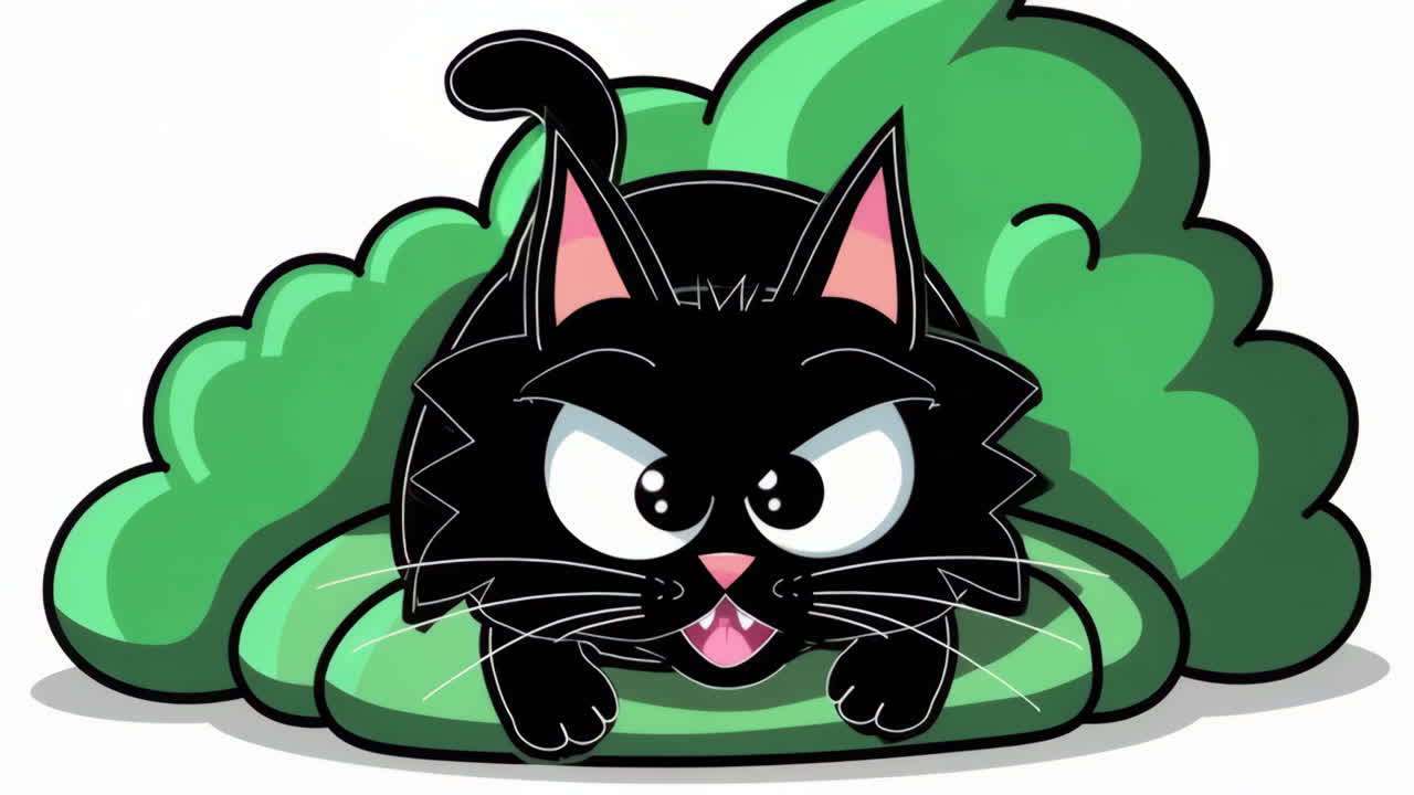 Cartoon Black Cat Hiding and Playing in Green Bushes