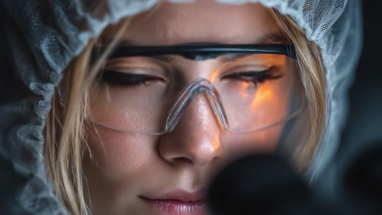 Primer plano de un individuo concentrado que lleva equipo de protección, iluminado por una luz cálida, observando atentamente para explorar las complejidades de la investigación científica desde detrás de un microscopio.